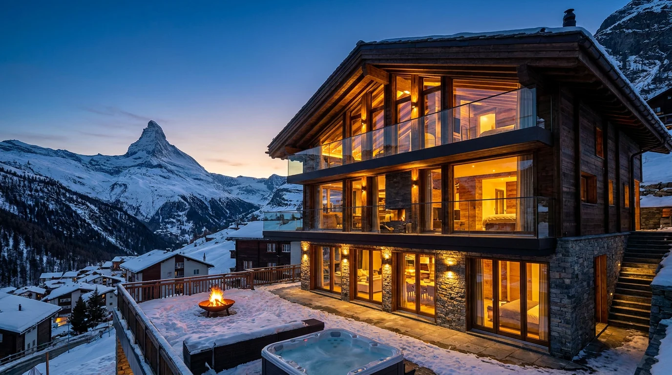 Alpine chalet inspiration with illuminated balconies, a snowy terrace and an outdoor hot tub at dusk