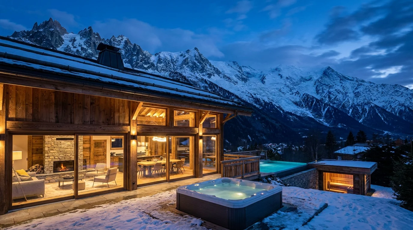 Alpine chalet inspiration with a fireplace, outdoor hot tub and pool beneath snowy mountain peaks