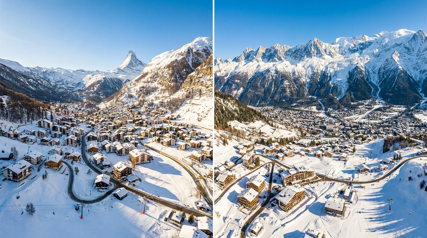 Split panorama of snow-covered alpine villages beneath mountain peaks